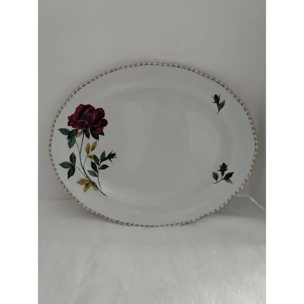 Wood & Sons England Alpine White Ironstone Oval Platter Burgundy Red Rose 12